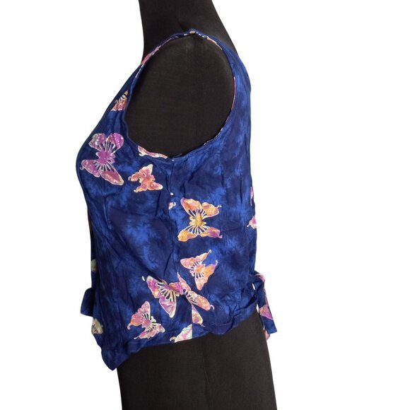 Bali Casuals S Top Vest Butterfly Print Blue Button Down Sleeveless Tie Back - Picture 2 of 8